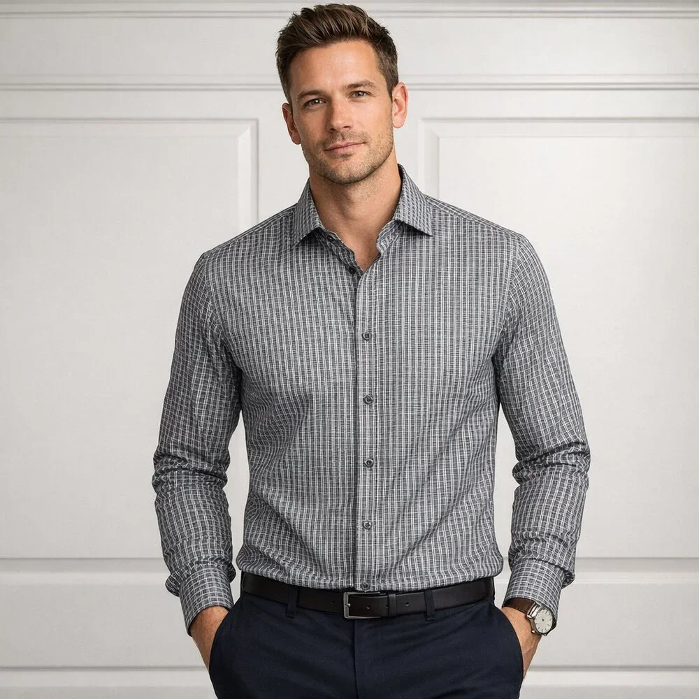 Banana Republic 100% Cotton Charcoal & White Check Button Down Long Sleeve Shirt